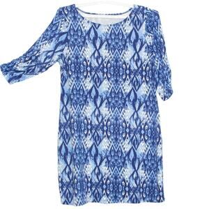 Tulah Womens Dress Shift 3/4 Sleeve Boho Coastal Grandma Indie Blue White 1X GS